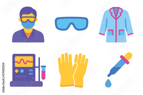 Lab safety equipment icons: goggles, lab coat, gloves, pipette, monitor, masked scientist