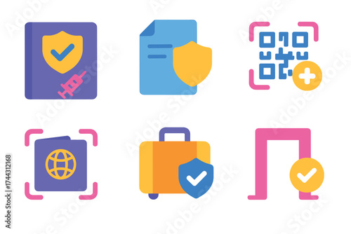 Travel security icons set including passport, document, qr code with shield symbols