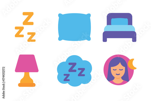 Colorful sleep icons collection featuring bed, pillow, lamp, and relaxed female character