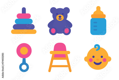 Colorful baby icons set: toys, bottles, high chair, and smiling baby face
