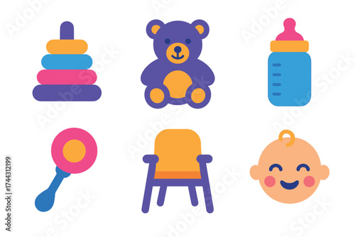 Colorful baby icons: toys, bottle, and chair