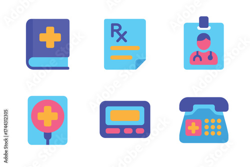 Medical icon set: book, prescription, id, sign, pager, telephone