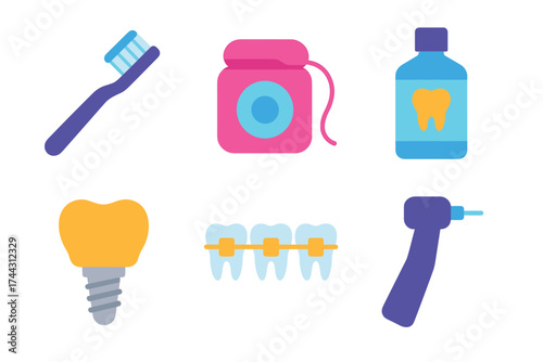 Colorful dental care icons featuring toothbrush, floss, mouthwash, implant, braces, and drill