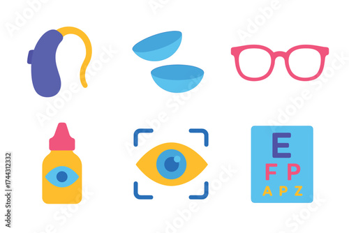 Vision and hearing aids: glasses, contacts, hearing device, eye chart, drops