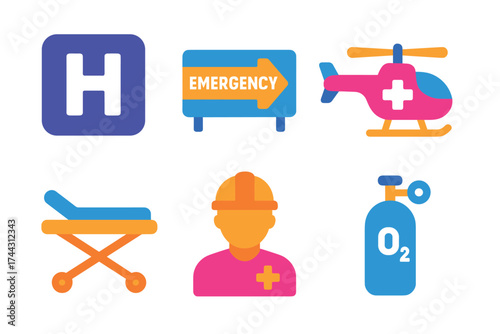 Emergency medical icons: hospital, helicopter, oxygen, stretcher, emergency sign, responder