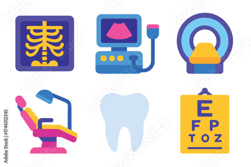 Medical equipment icons: x-ray, ultrasound, mri, dental chair, tooth, eye chart