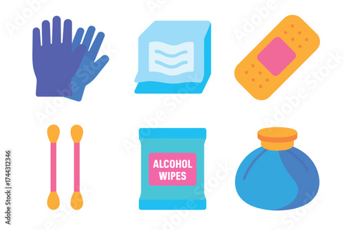 Essential first aid kit supplies: gloves, bandage, alcohol wipes, and more