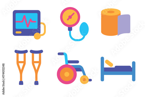 Medical equipment icons: crutches, blood pressure monitor, toilet paper, wheelchair, hospital bed