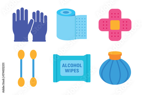 Essential first aid kit supplies: gloves, bandage, alcohol wipes, ice pack, cotton swabs