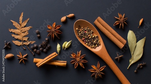 A wooden spoon filled with colorful spices surrounded by aromatic herbs on a dark background