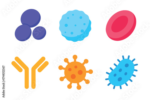 Stylized illustrations of cells and microorganisms including bacteria and viruses