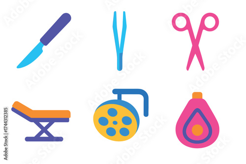 Colorful medical tools and equipment icons set on white background