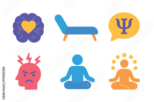 Mental health icons: therapy, meditation, emotion, psychology, wellness