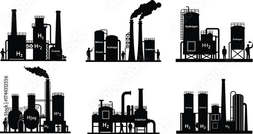 Industrial hydrogen production plant silhouettes, chemical refinery illustration, steam reforming, methane conversion, ethylene processing, black and white vector, energy infrastructure