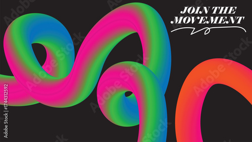 Colorful gradient tube art on a black background with text joins the movement