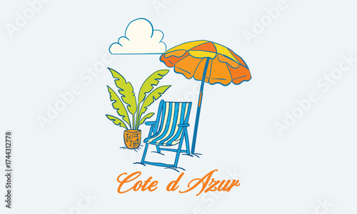 Côte d'Azur Relax sea vacation hand-drawn chair and umbrella artwork for t-shirts, poster, and graphic prints...
