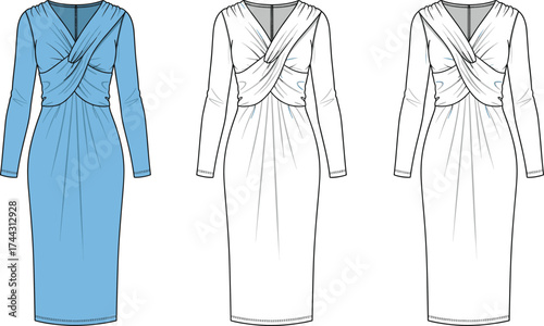 Long sleeve draped twist dress flat sketch, fashion technical drawing, cad vector illustration, apparel design template
