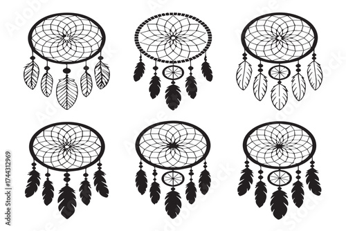 Six Black Dreamcatchers with Feathers and Beads native american