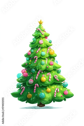 Cartoon Christmas tree in bright, joyful colors, decorated with candy canes, balls, and a star, isolated on a white background
