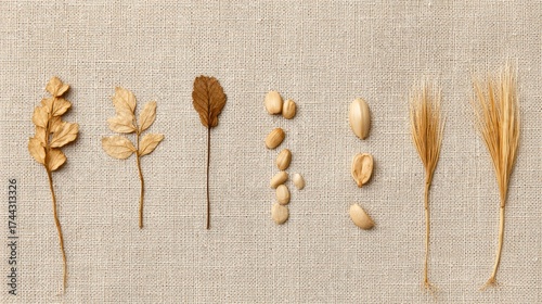 A serene arrangement of dried leaves and seeds on a textured linen background, showcasing nature's beauty
