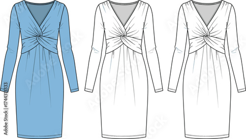 Long sleeve twisted knot dress flat sketch, v neckline fashion technical drawing, cad vector illustration, apparel design template, stock illustration