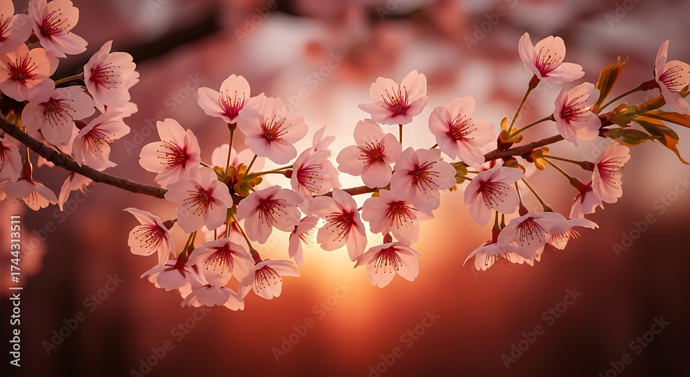 Fototapeta premium Soft focus close up of delicate pink cherry blossoms at sunset