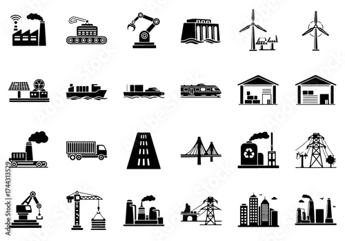 Industrial and Infrastructure Modernization Icon Set Minimalist Black Vector