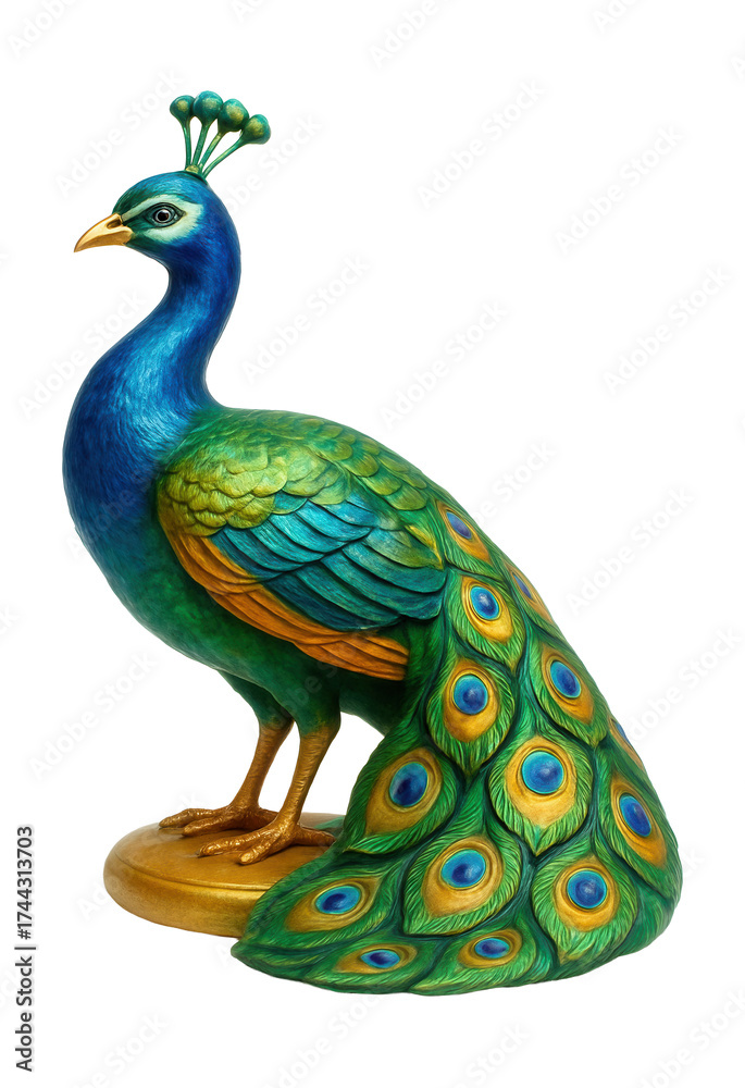 Obraz premium Vibrant hand-painted peacock figurine, perfect for a sunroom in a suburban setting.