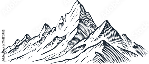 Hand-Drawn Engraving of a Snow-Capped Mountain Peak