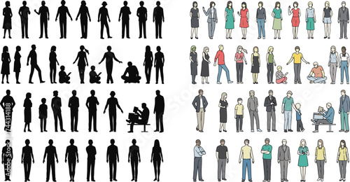 Human figure, silhouette, character, transformation, pose, interaction, design, colored illustration\realistic, sitting, standing, walking, gesture