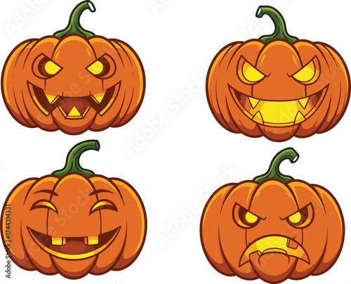 Halloween jack-o-lantern pumpkins, carved faces, spooky angry expressions, happy sad designs, cartoon illustration, autumn holiday decoration, vector clipart, seasonal festive art