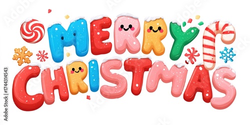 Illustration of Merry Christmas made in the form of cartoon gingerbread cookies decorated with icing, candies, and snowflakes — a cheerful festive greeting
