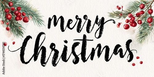 Calligraphic handwritten Merry Christmas inscription in vintage style with spruce branches and red berries on an old paper background