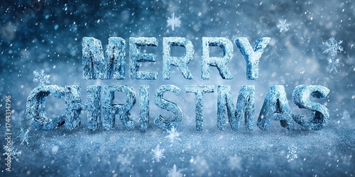 Volumetric 3D Merry Christmas inscription in ice or frozen text style, covered with sparkling hoarfrost against a blue snowfall background with snowflakes