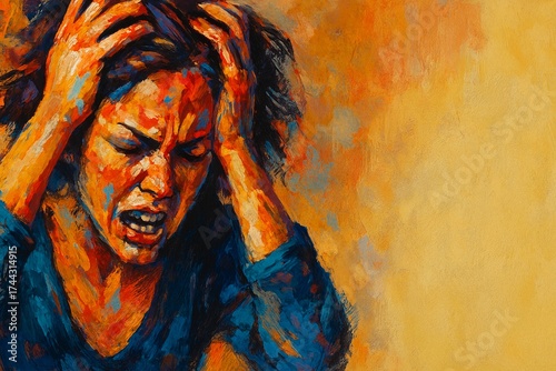 Angry woman holding head in vivid abstract painting, concept of frustration, stress, burnout, anxiety, and social issues