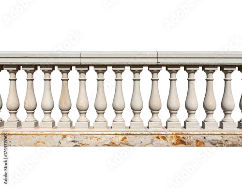 Classic architectural balustrade with ornamental pillars and a marble base against a black background