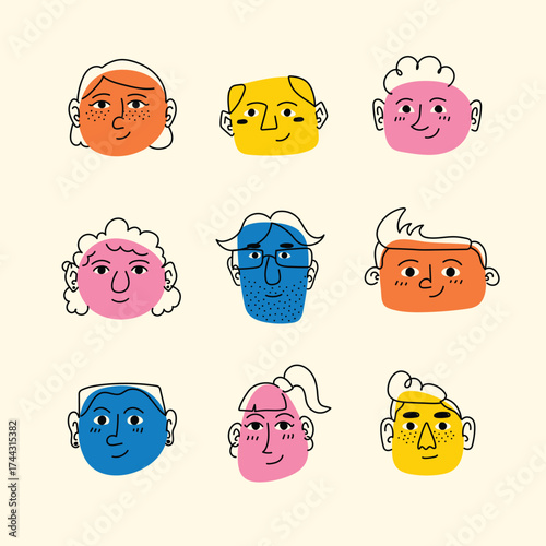 Pack of 9 bold-color hand-drawn face icons — expressive modern portraits for merchandise, posters, social media and branding
