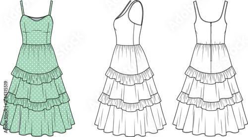 Sleeveless tiered dress flat sketch, fashion technical drawing, vector CAD illustration, ruffle skirt design, apparel template, polka dot style
