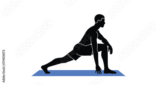 Silhouette of a man performing a lunge exercise on a yoga mat