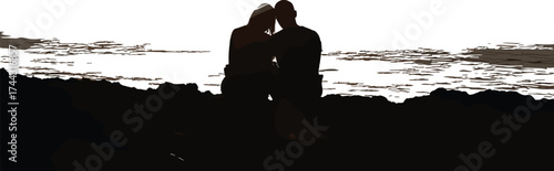Silhouette, couple, rocky shore, sunset, ocean, intimacy, reflection, peaceful, love, nature, water, horizon, romance, togetherness, calm, emotional, scenic, quiet moment, serene, companionship