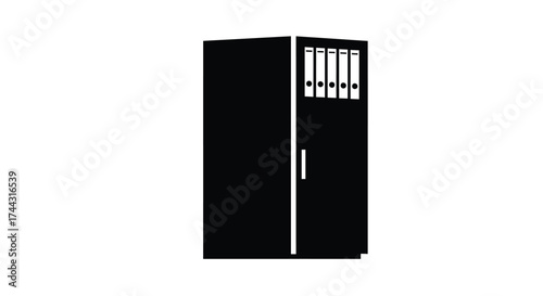 A simple black and white illustration of a filing cabinet with folders