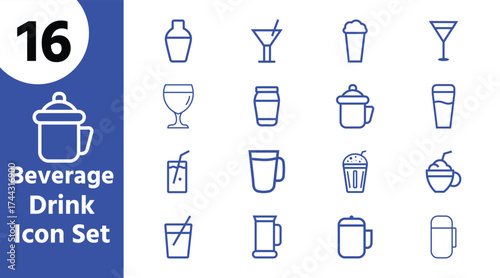 Beverage and Drink Icon Set – Coffee, Juice, Cocktail, and Bar Outline Vector Collection