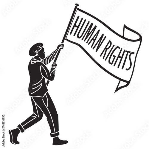 Vector art of activist marching with a flag that says human rights
