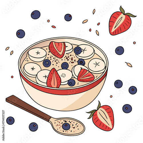 Vector art of bowl of oatmeal with fruits and berries illustration