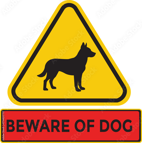 Beware of dog warning sign with triangle and red text box