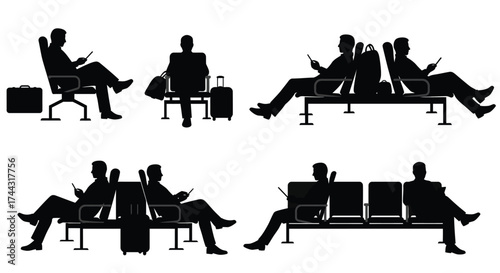 Silhouettes of people waiting at an airport or travel hub area