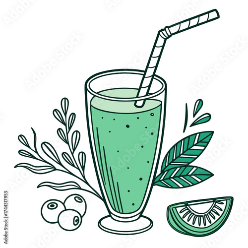 Vector art of hand drawn green smoothie in glass with straw