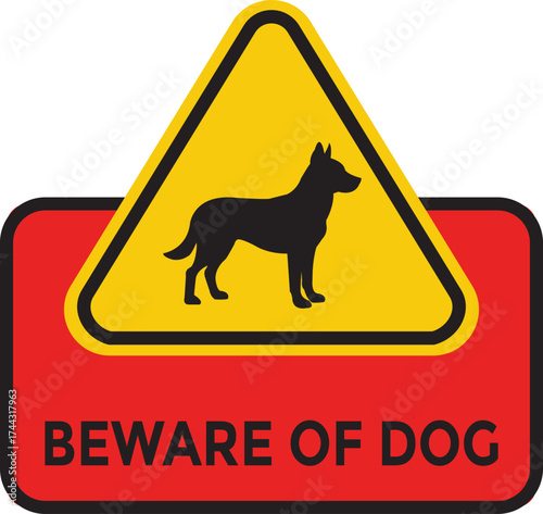 Beware of dog warning sign with red and yellow background