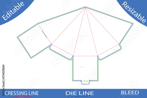Pyramid Shaped Box Die Cut Template with Creasing and Bleed Lines