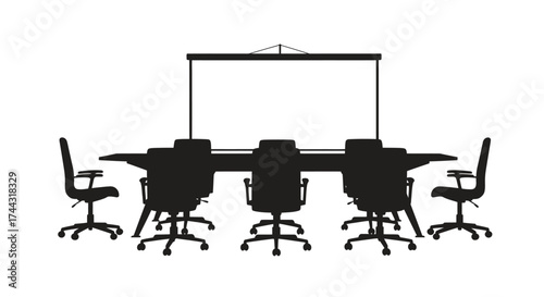 Conference room with a large projection screen and surrounding office chairs